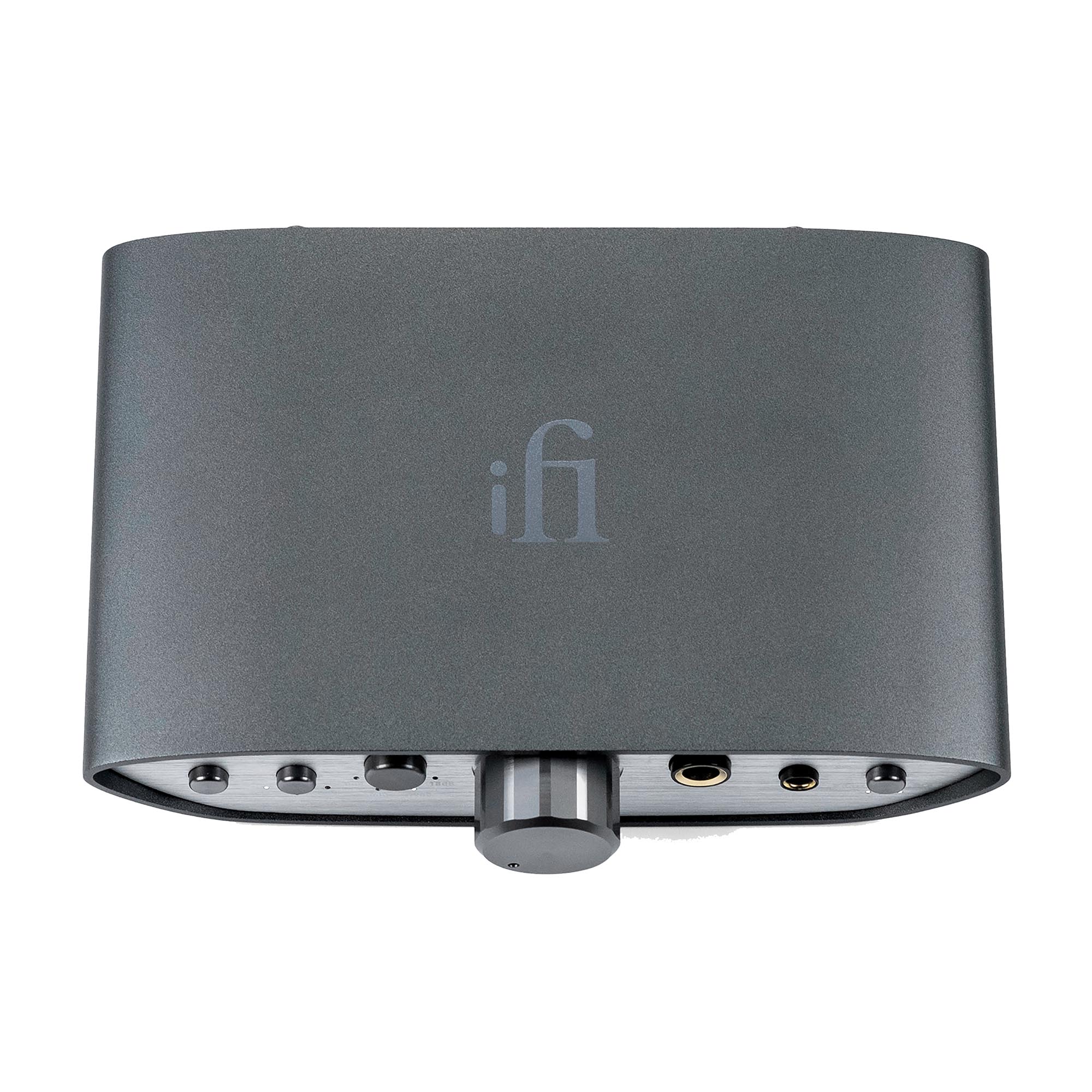 Top view of the iFi Audio ZEN CAN Balanced Headphone Amp with volume knob and input jacks visible on white background