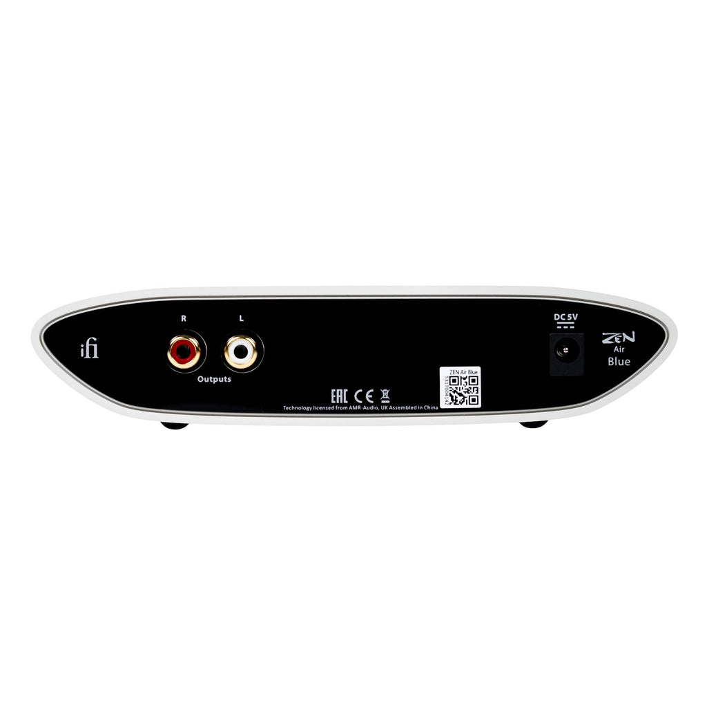 Back view of the iFi Audio ZEN Air Blue showing RCA outputs and power input on a white background