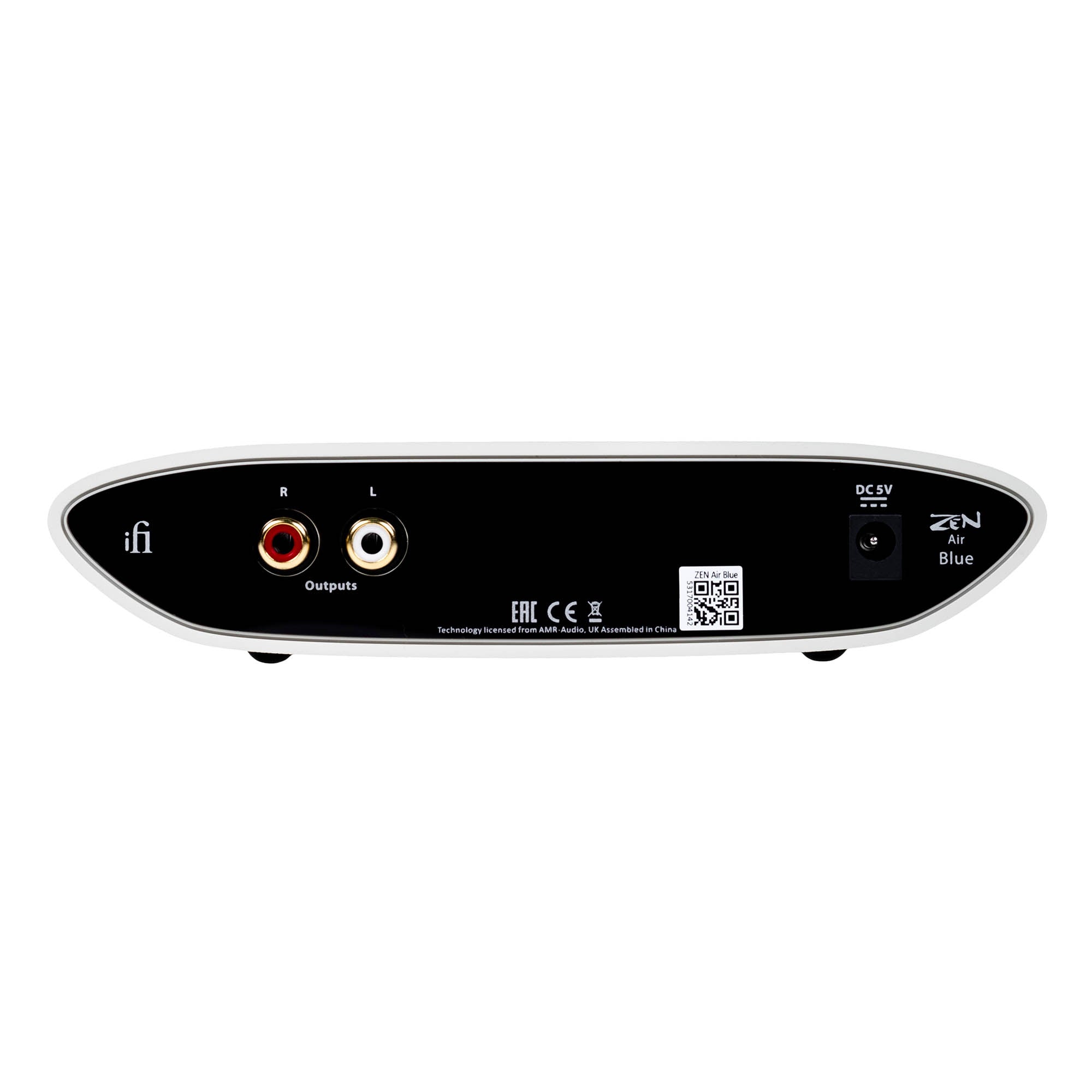 Back view of the iFi Audio ZEN Air Blue showing RCA outputs and power input on a white background