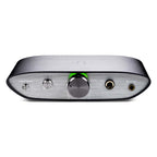Front view of the iFi Audio ZEN DAC V2 showing volume knob and headphone jacks on a white background