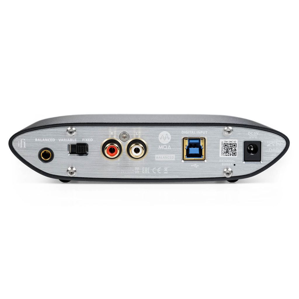 Rear view of iFi Audio ZEN DAC V2 showing balanced output, RCA connectors, USB input, and power port on white background