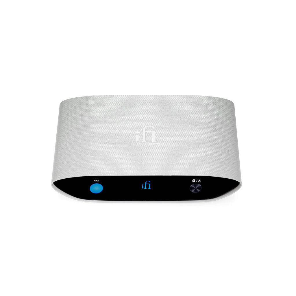 iFi Audio ZEN Air Blue compact Bluetooth DAC with minimalist white design and digital display on black front panel
