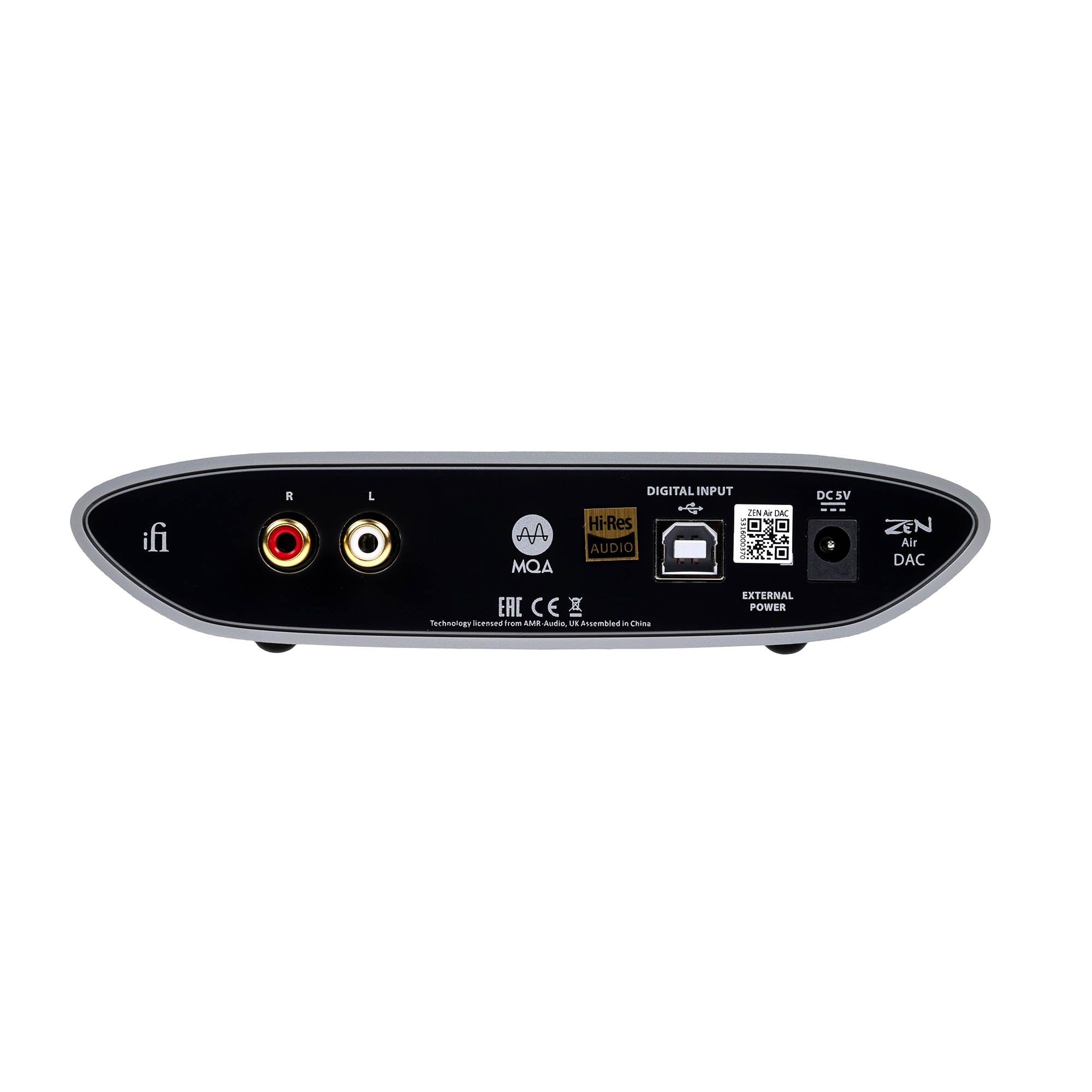 Rear view of iFi Audio ZEN Air DAC showing RCA outputs, digital input, and power port on a white background