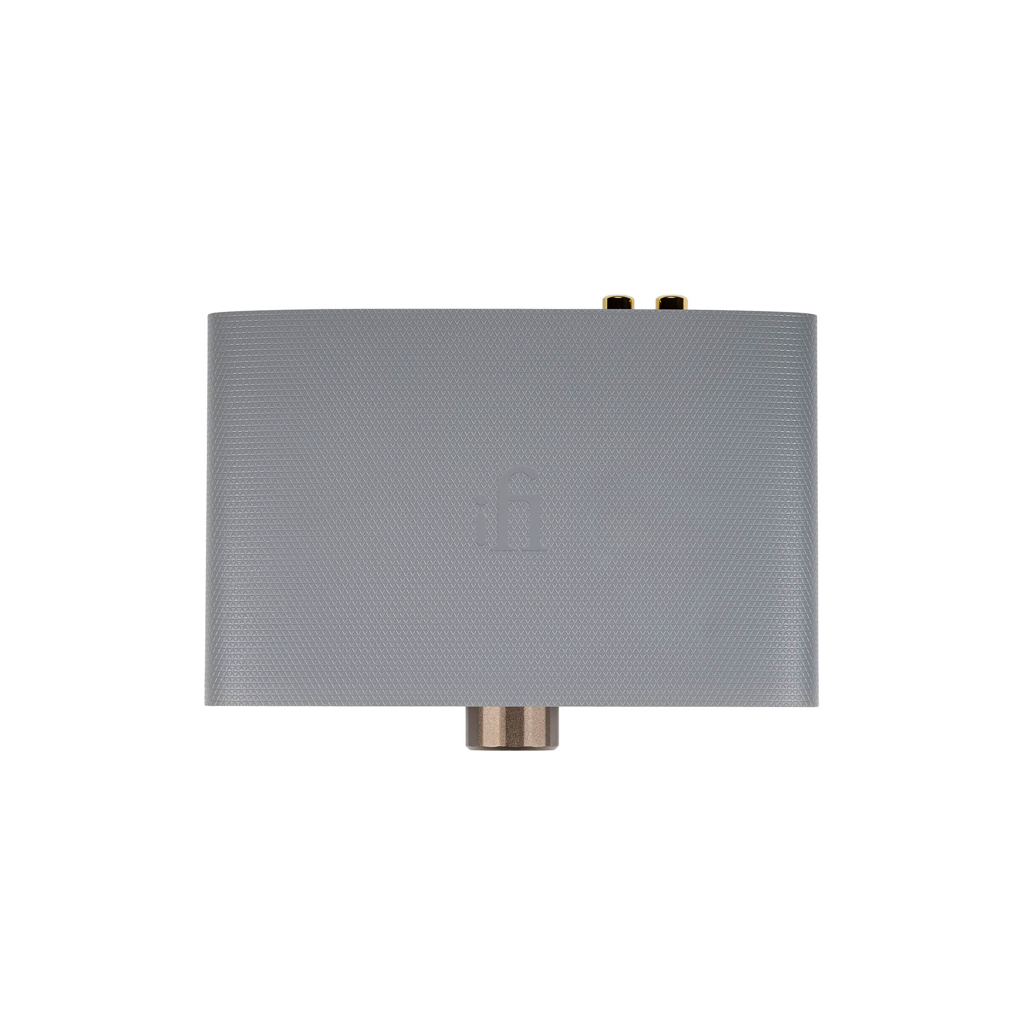 Top view of the gray iFi Audio ZEN Air DAC with textured surface and visible gold-plated connectors on white background