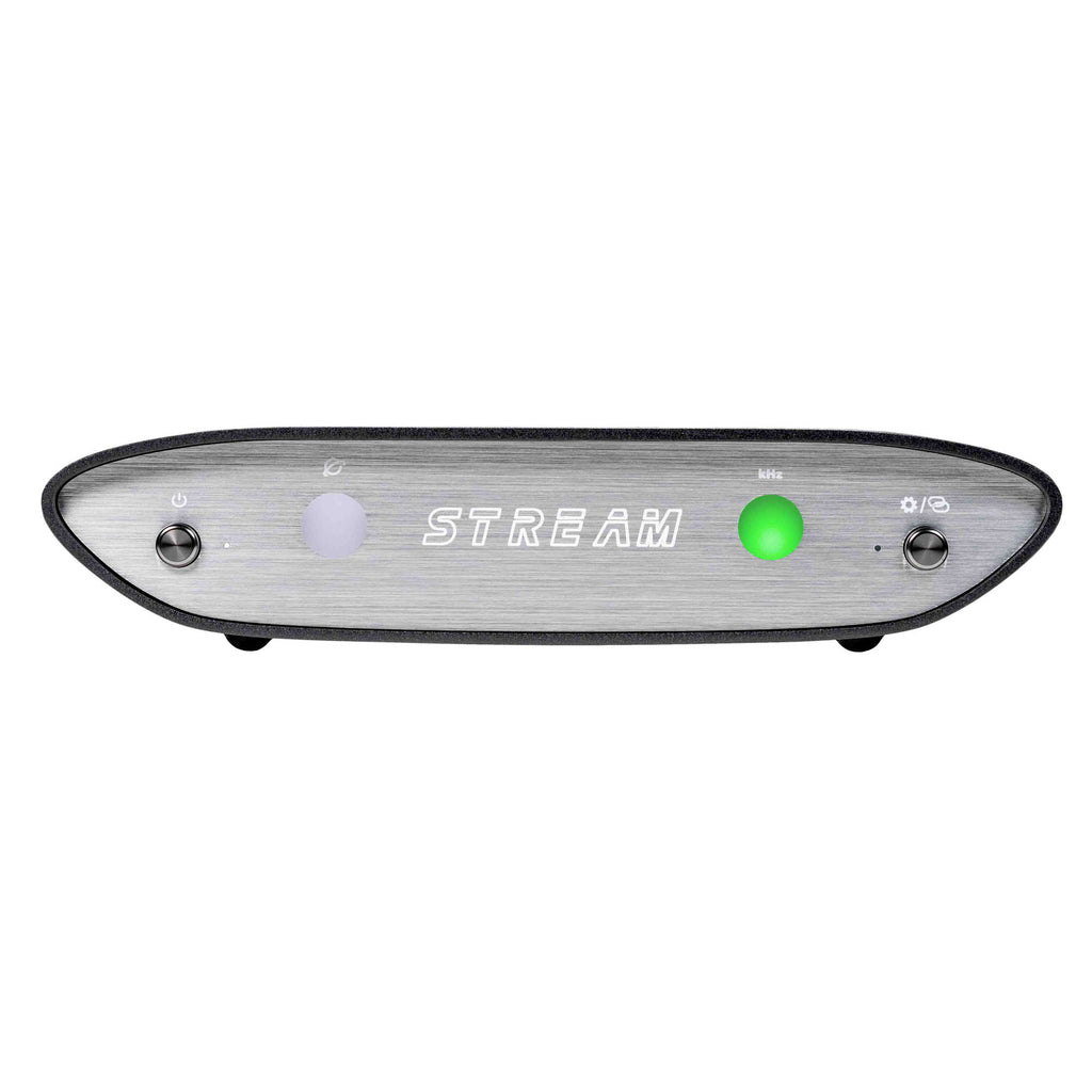 Front view of iFi Audio ZEN Stream Network Audio Transport with silver finish and illuminated status lights