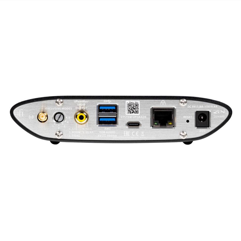 Rear view of iFi Audio ZEN Stream Network Audio Transport showing ports including USB, Ethernet, coaxial, and power input
